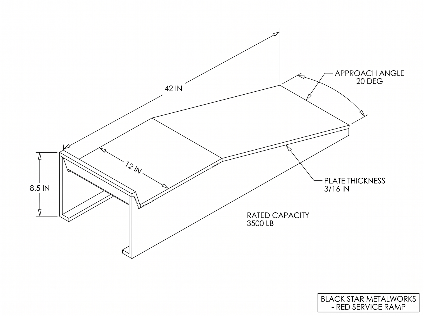 Red service ramp CAD blueprint with dimensions