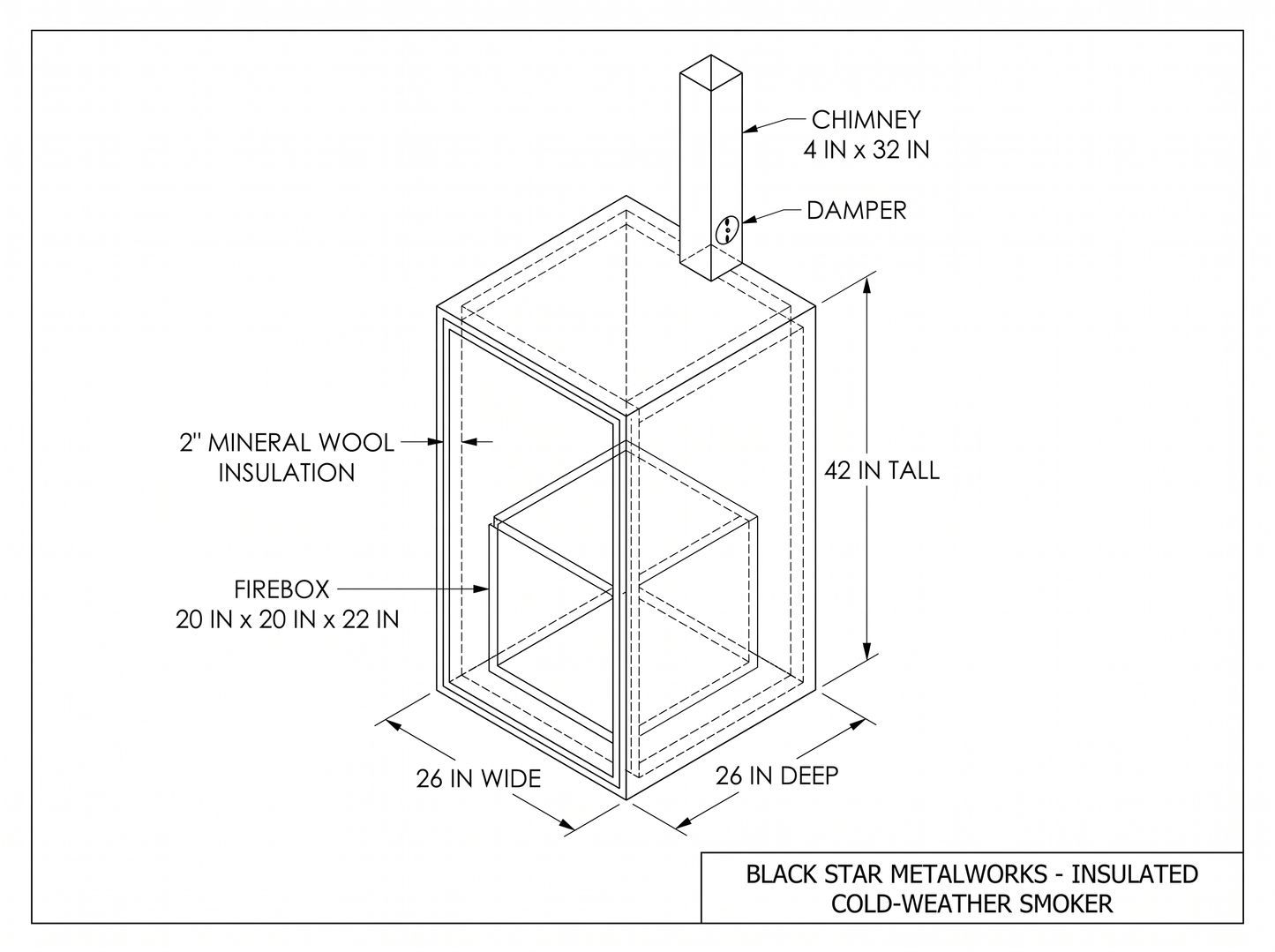 Insulated cold-weather smoker CAD blueprint with dimensions