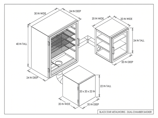 Dual-chamber smoker CAD blueprint with dimensions