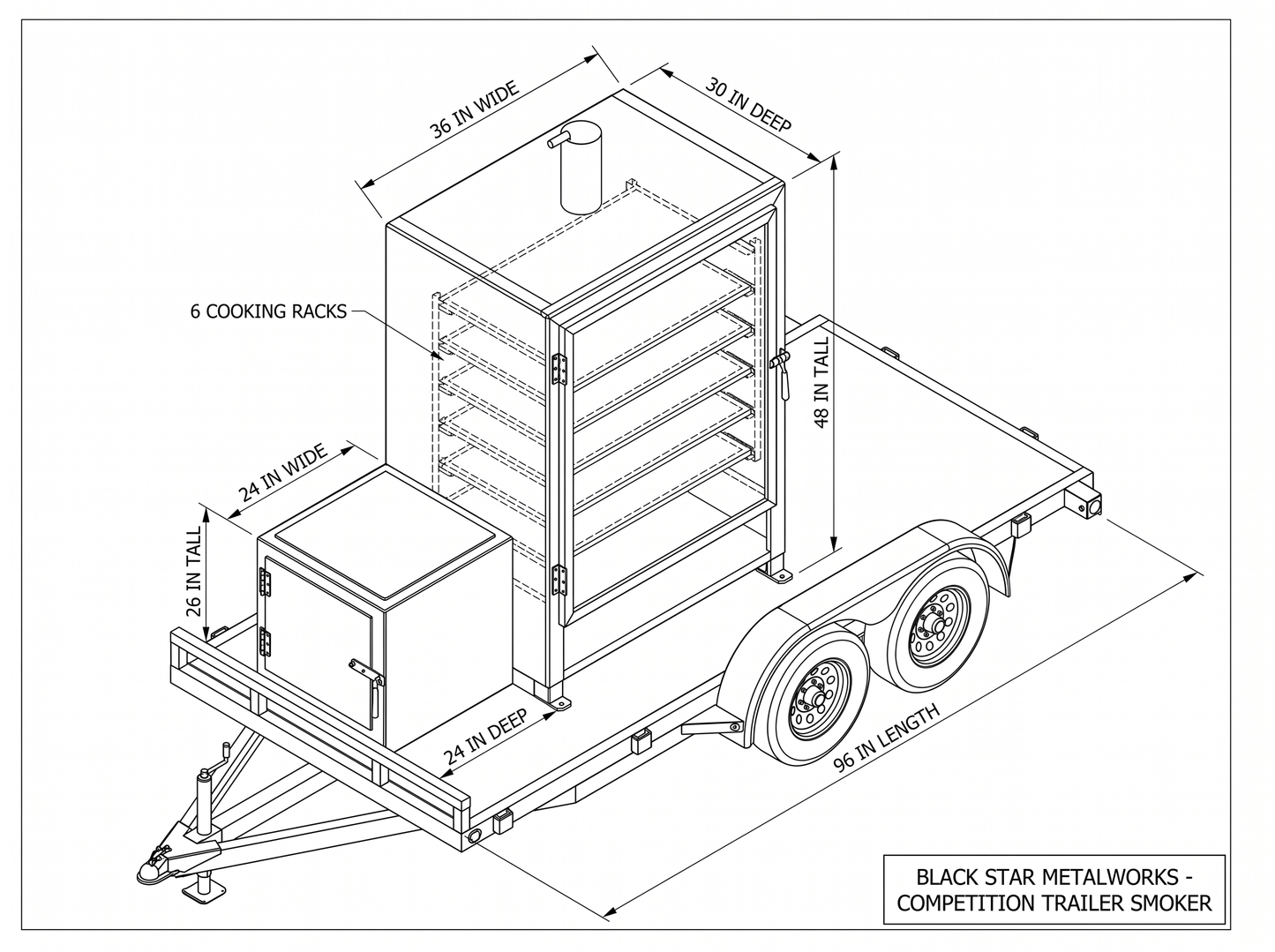 Competition trailer smoker CAD blueprint with dimensions