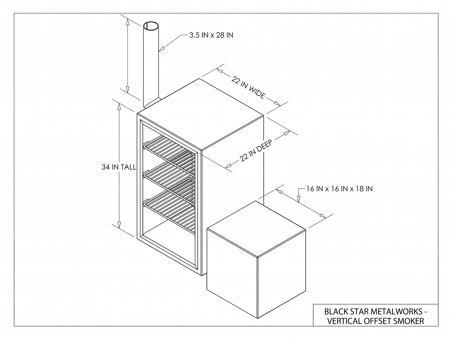 Vertical offset smoker CAD blueprint with dimensions