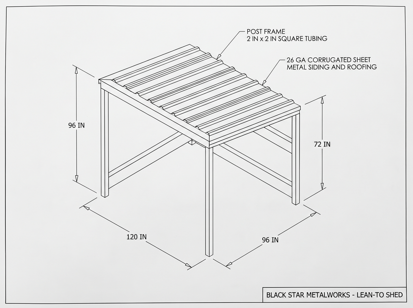 Lean-to shed CAD blueprint with dimensions
