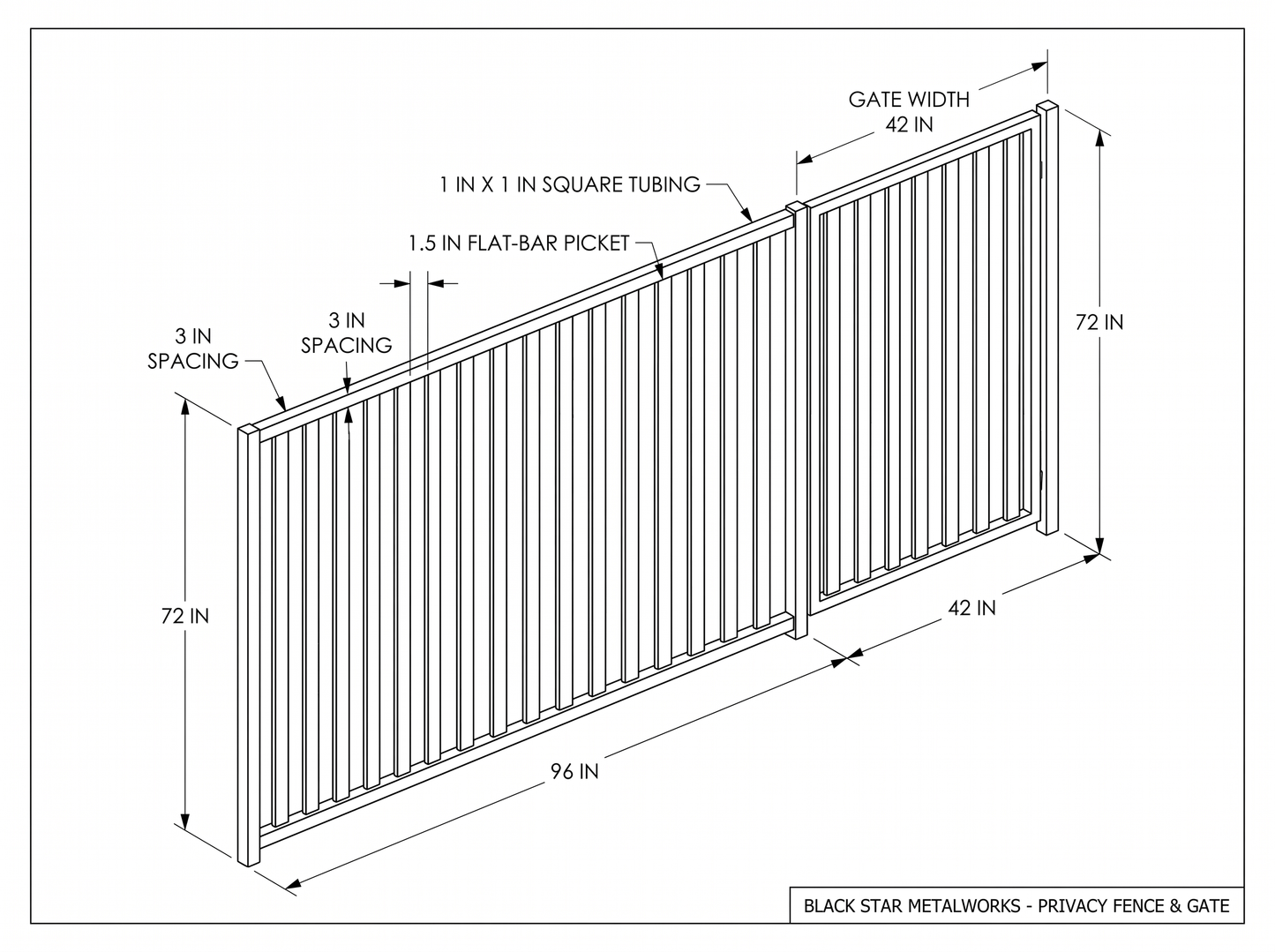 Privacy fence and gate CAD blueprint with dimensions