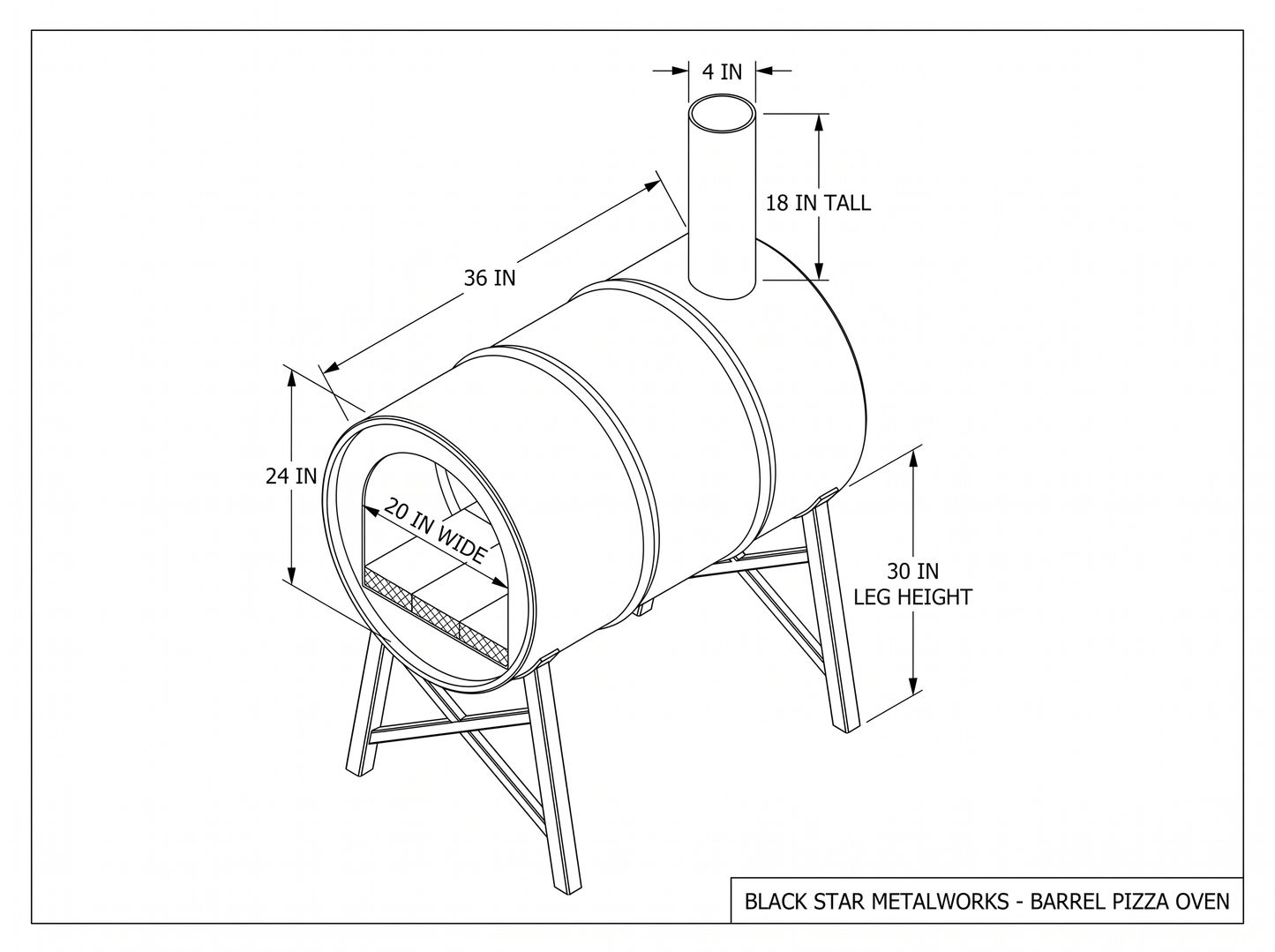 Barrel pizza oven CAD blueprint with dimensions