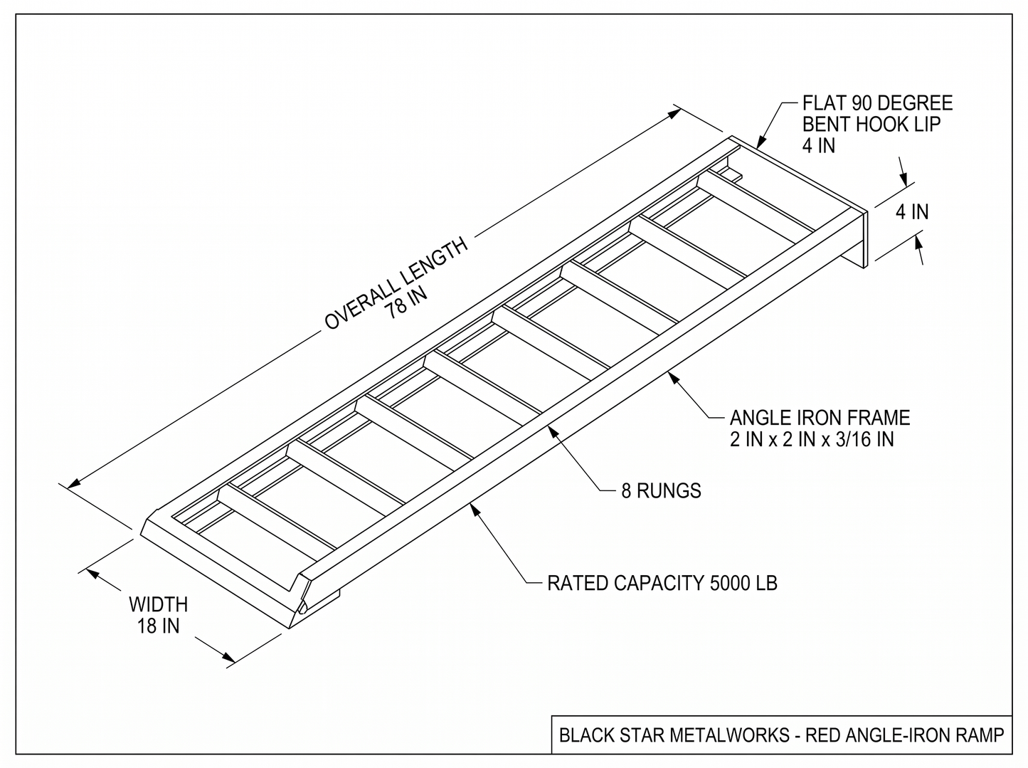 Red angle-iron loading ramp CAD blueprint with dimensions