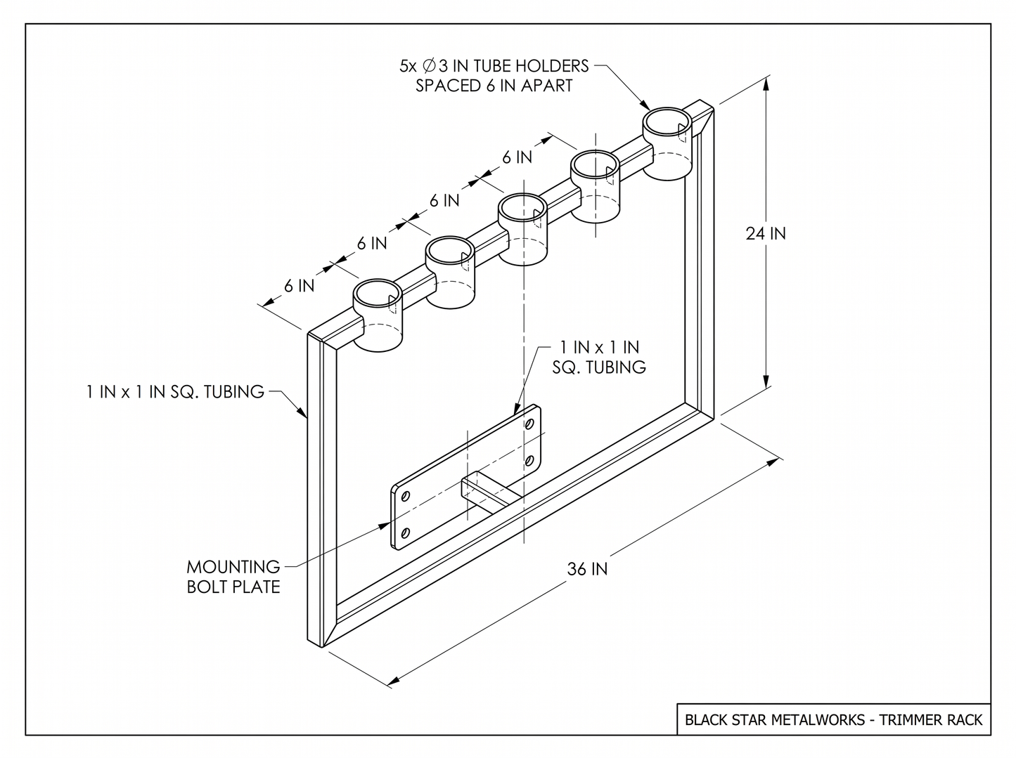 Trimmer rack CAD blueprint with dimensions