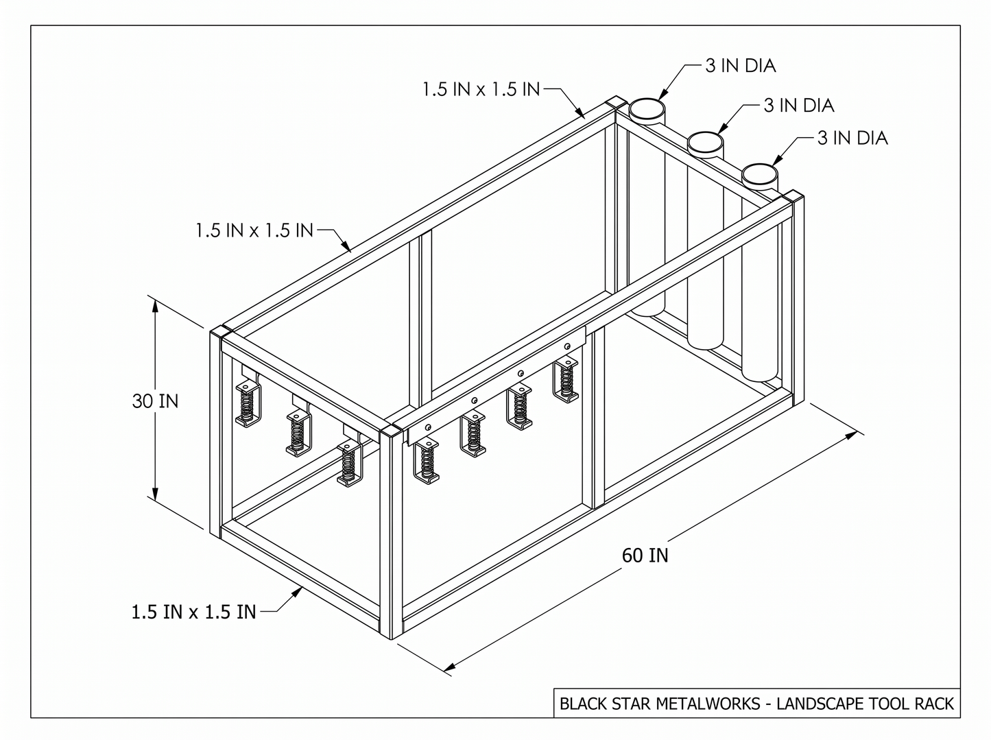 Landscape tool rack combo CAD blueprint with dimensions