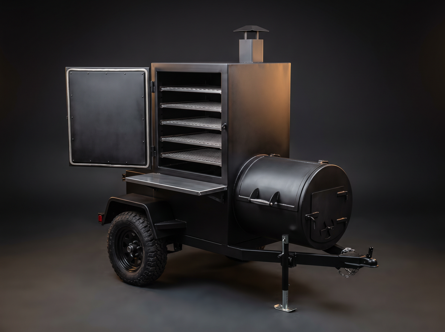 Large cabinet smoker mounted on a trailer