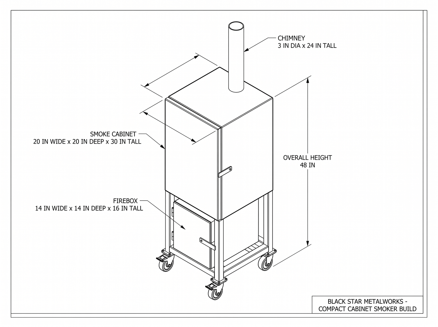 Compact cabinet smoker build CAD blueprint with dimensions