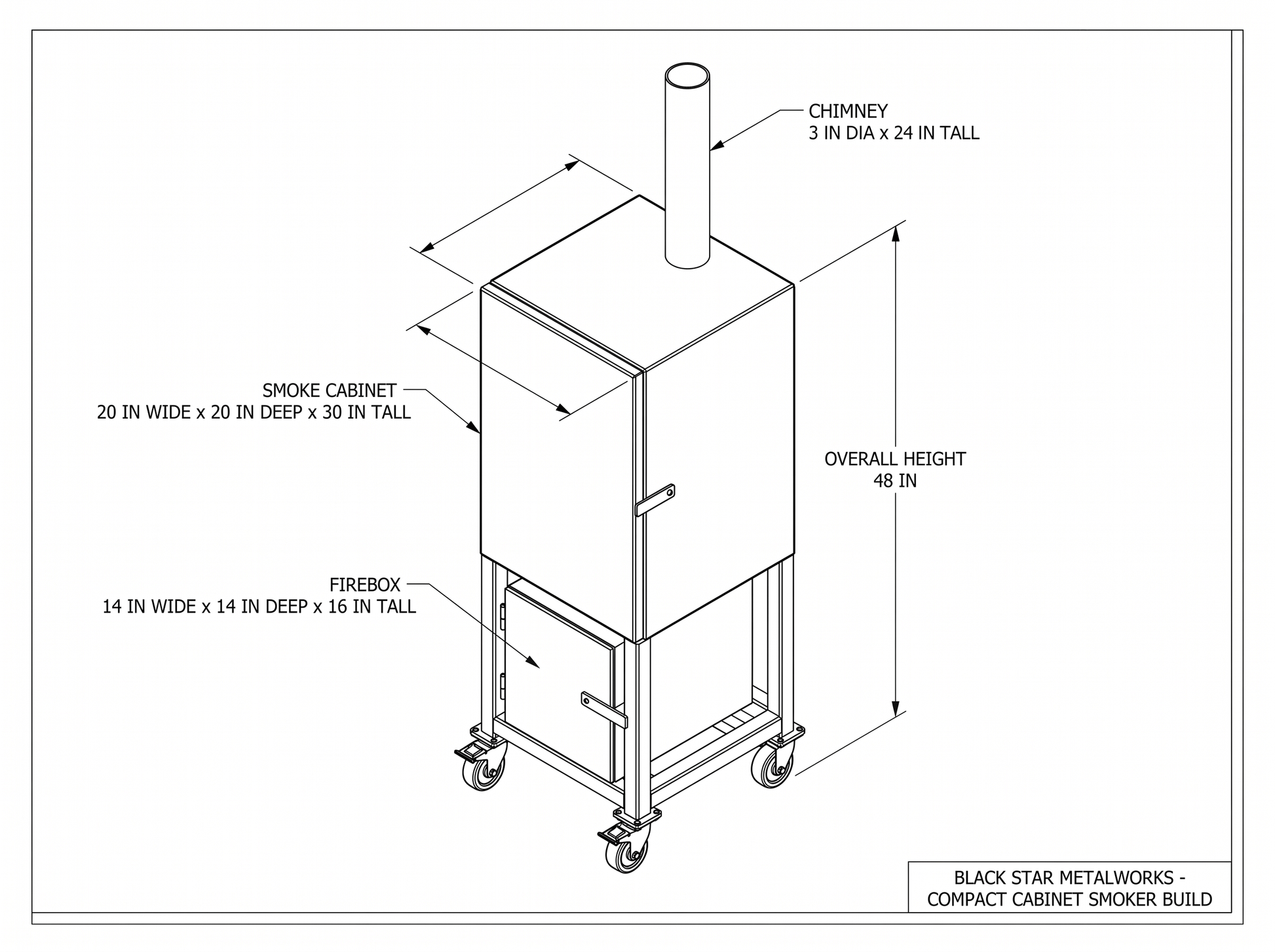 Compact cabinet smoker build CAD blueprint with dimensions