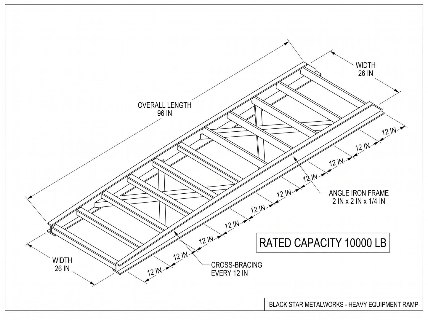 Heavy-equipment loading ramp CAD blueprint with dimensions