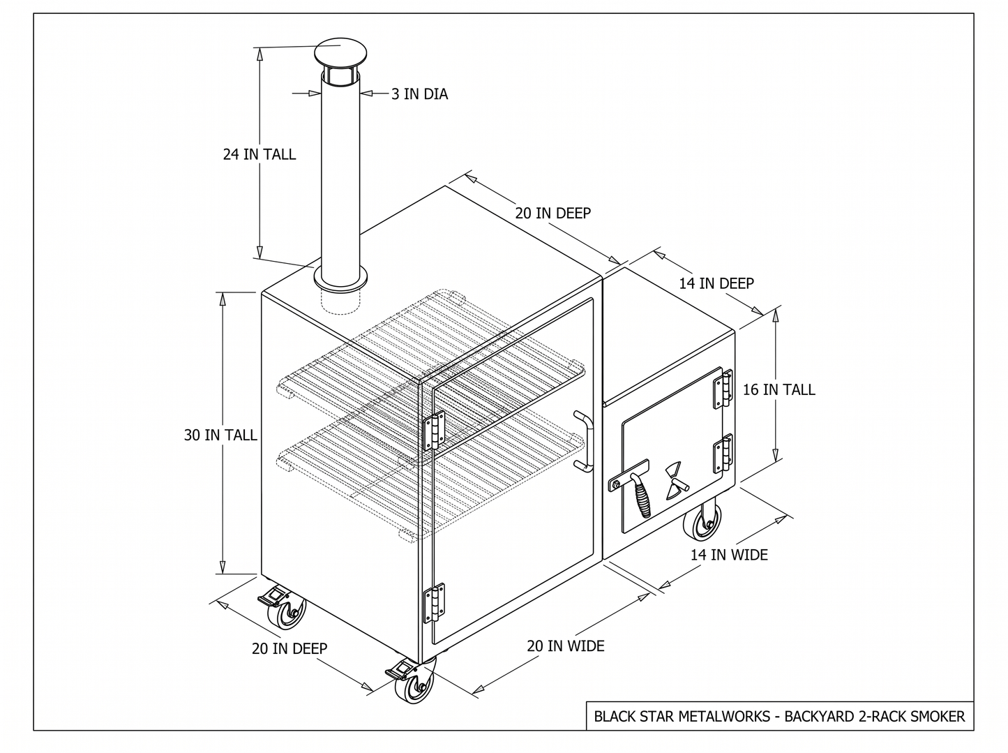 Backyard 2-rack smoker CAD blueprint with dimensions