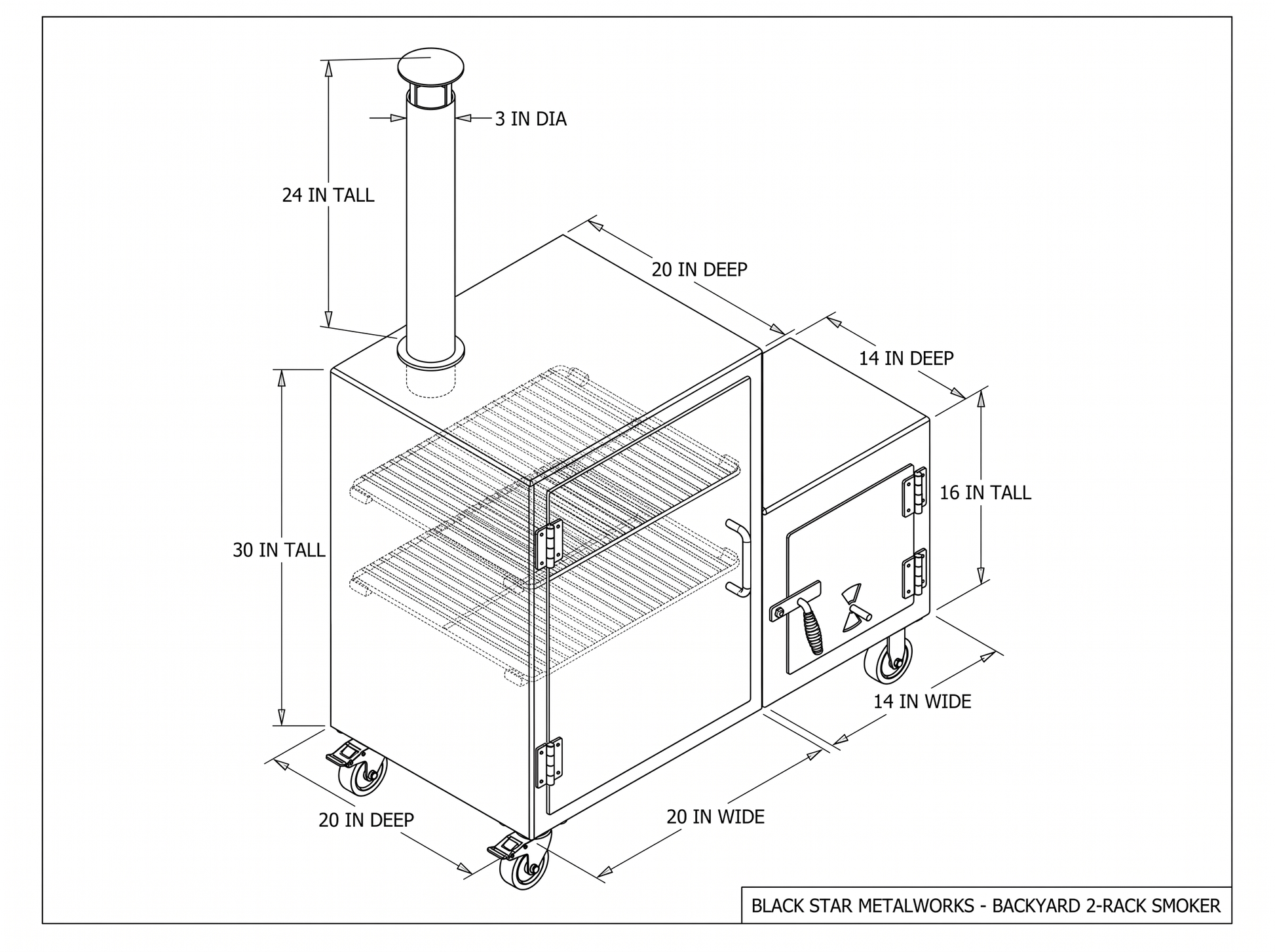 Backyard 2-rack smoker CAD blueprint with dimensions