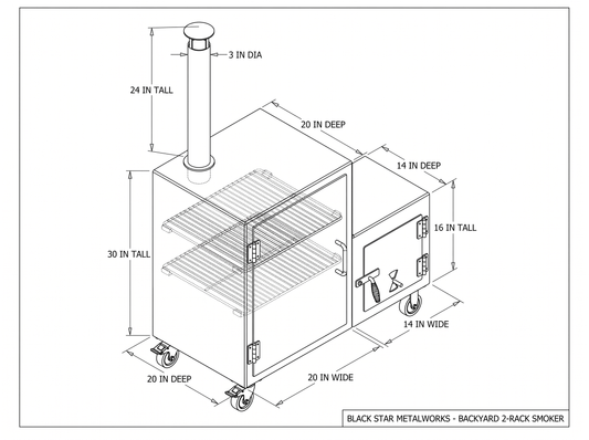 Backyard 2-rack smoker CAD blueprint with dimensions