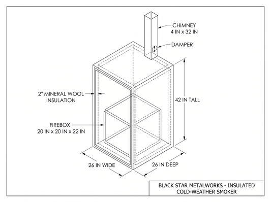 Insulated cold-weather smoker CAD blueprint with dimensions