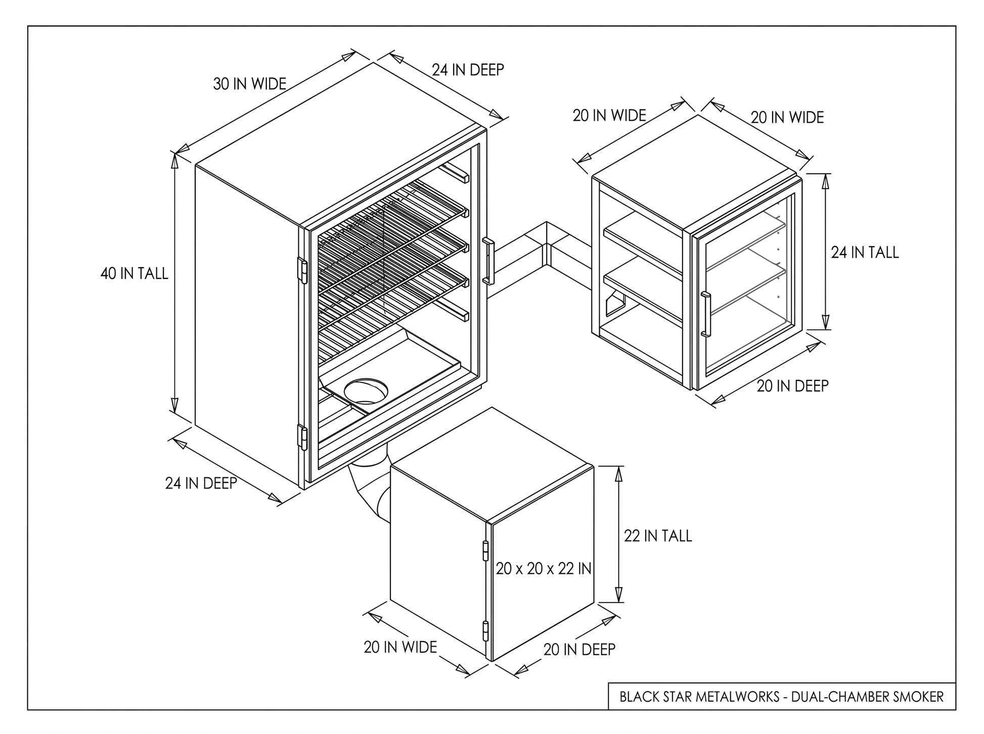 Dual-chamber smoker CAD blueprint with dimensions