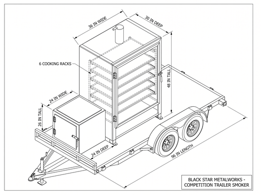 Competition trailer smoker CAD blueprint with dimensions