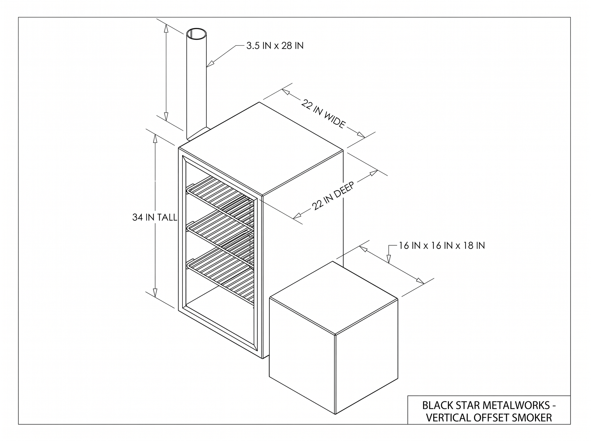 Vertical offset smoker CAD blueprint with dimensions