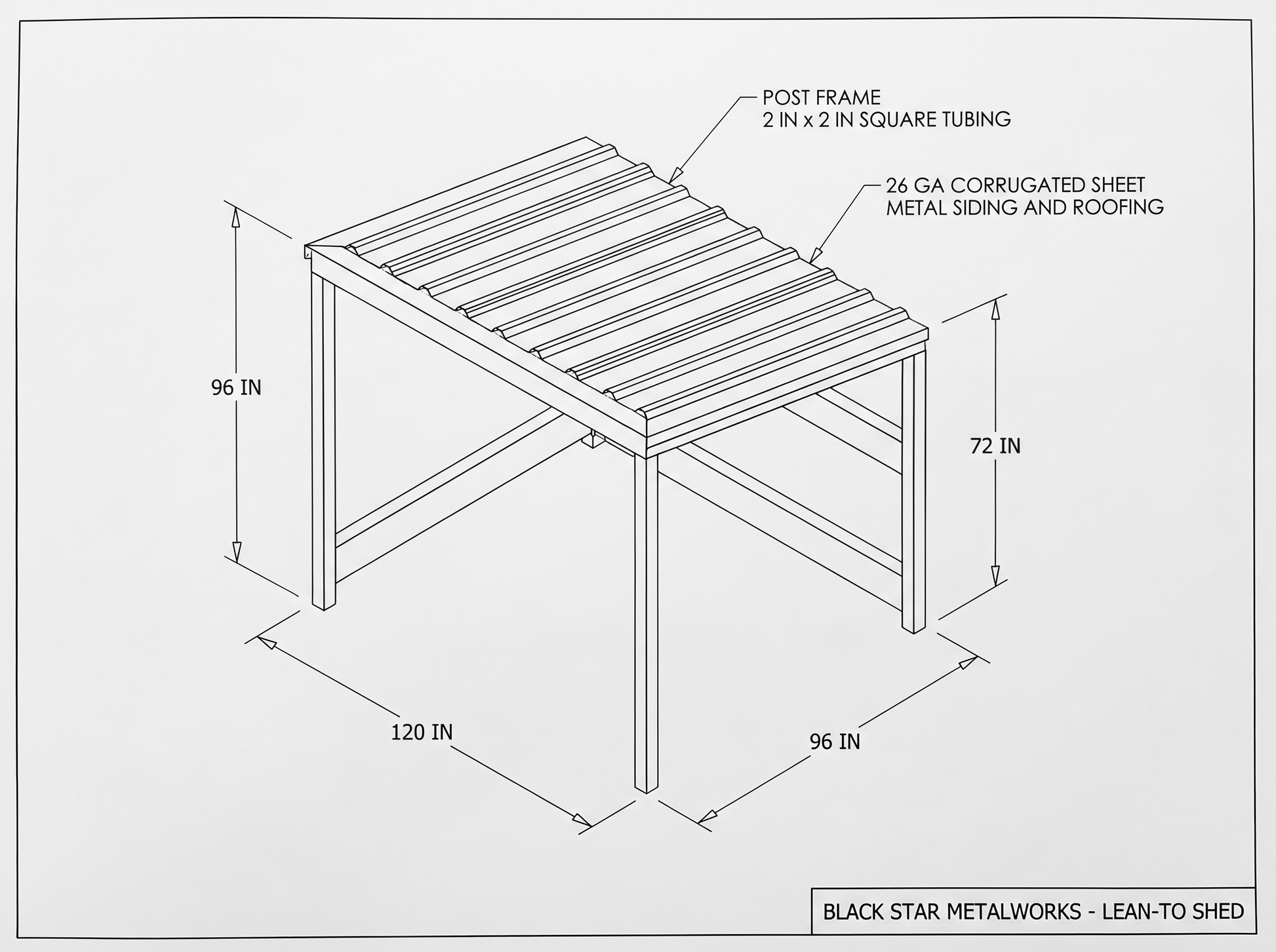 Lean-to shed CAD blueprint with dimensions