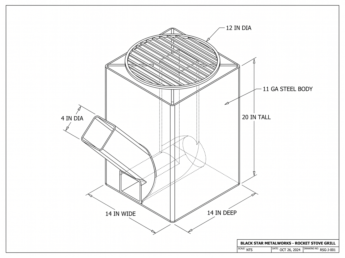 Rocket stove grill CAD blueprint with dimensions
