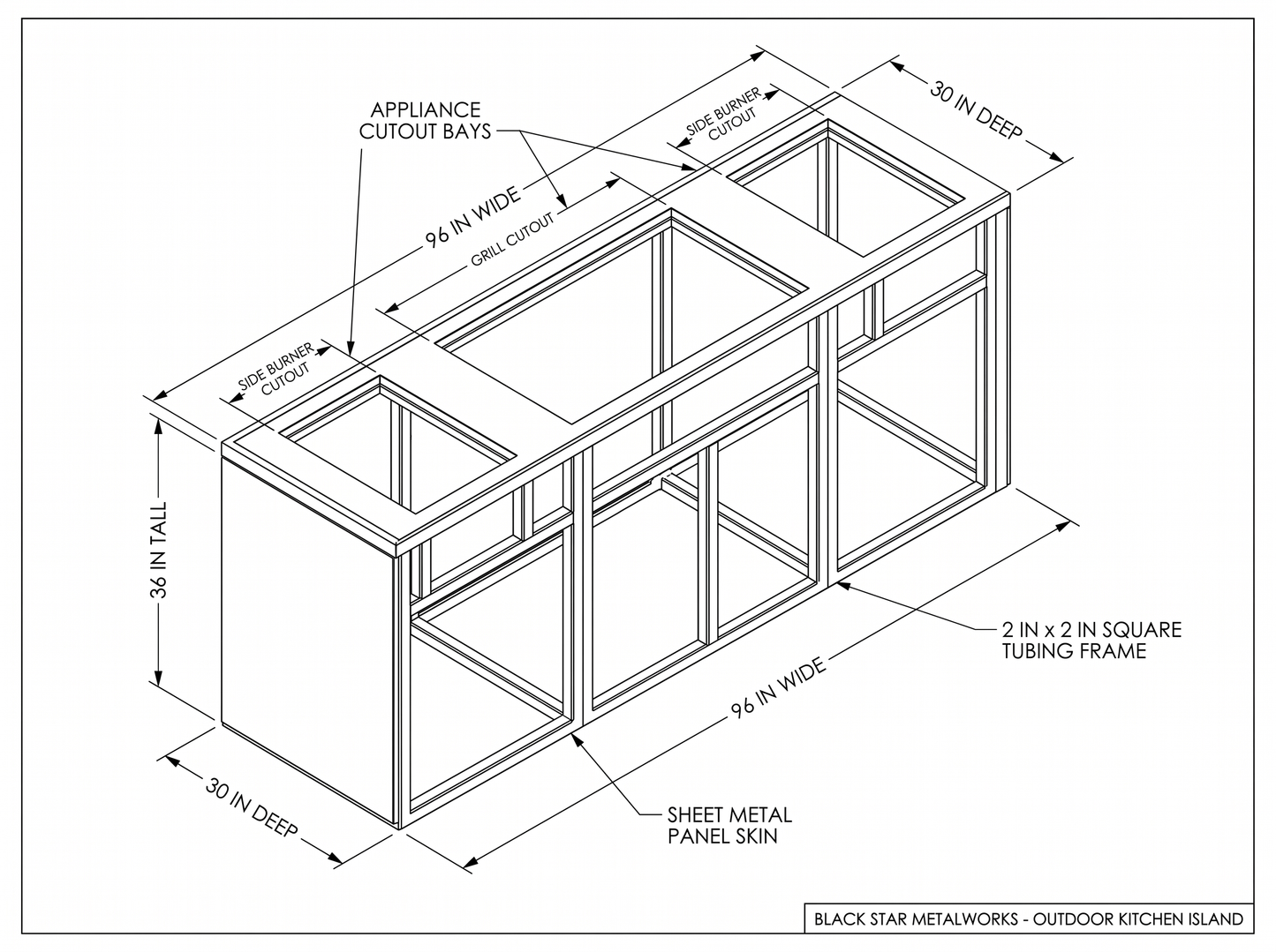 Outdoor kitchen island CAD blueprint with dimensions