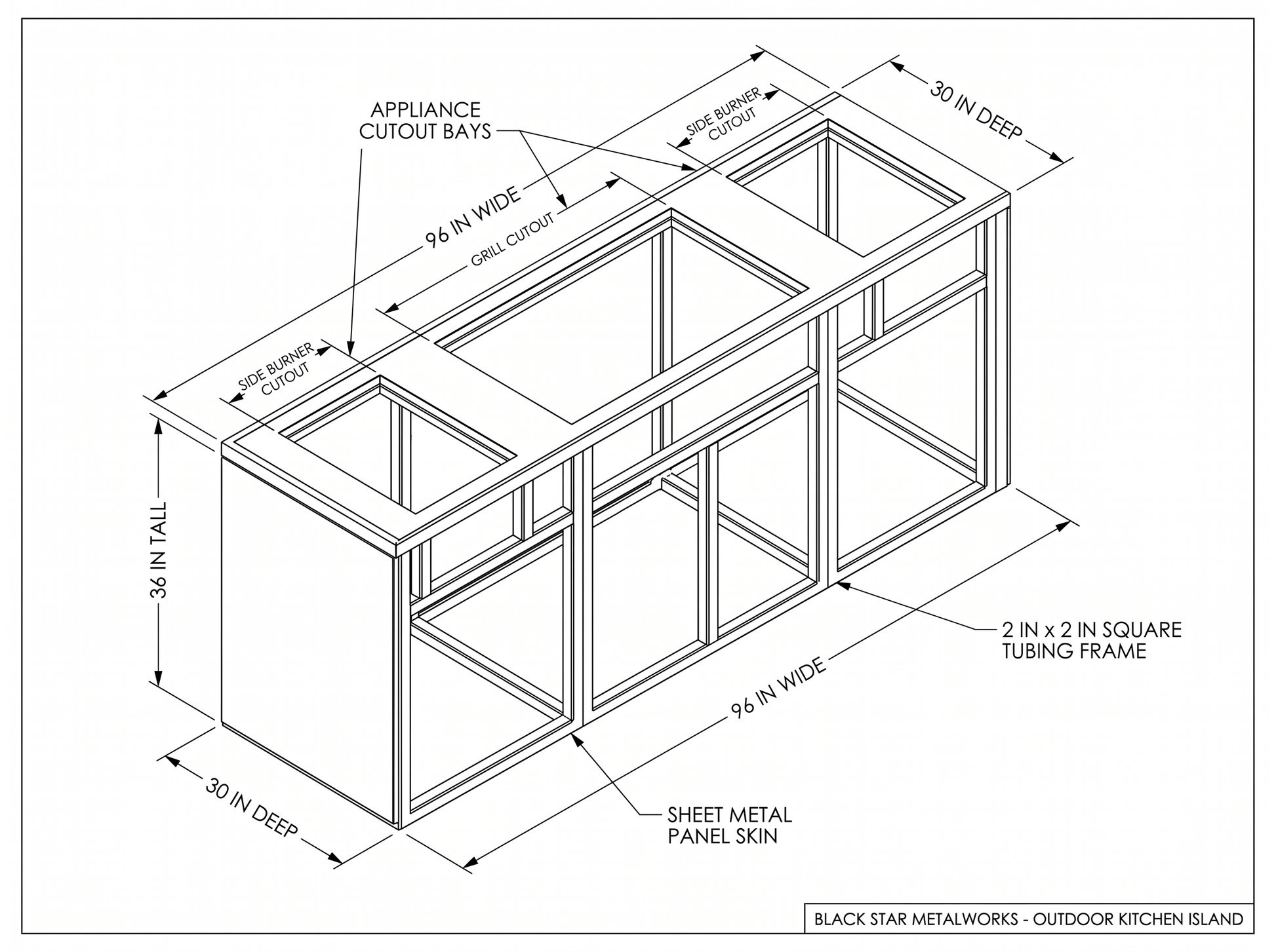 Outdoor kitchen island CAD blueprint with dimensions