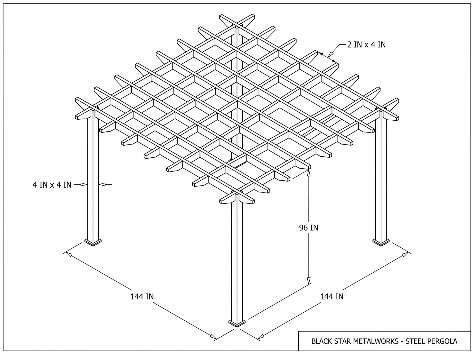 Steel pergola CAD blueprint with dimensions