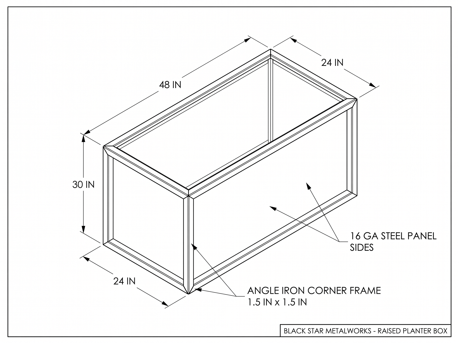 Raised planter box CAD blueprint with dimensions