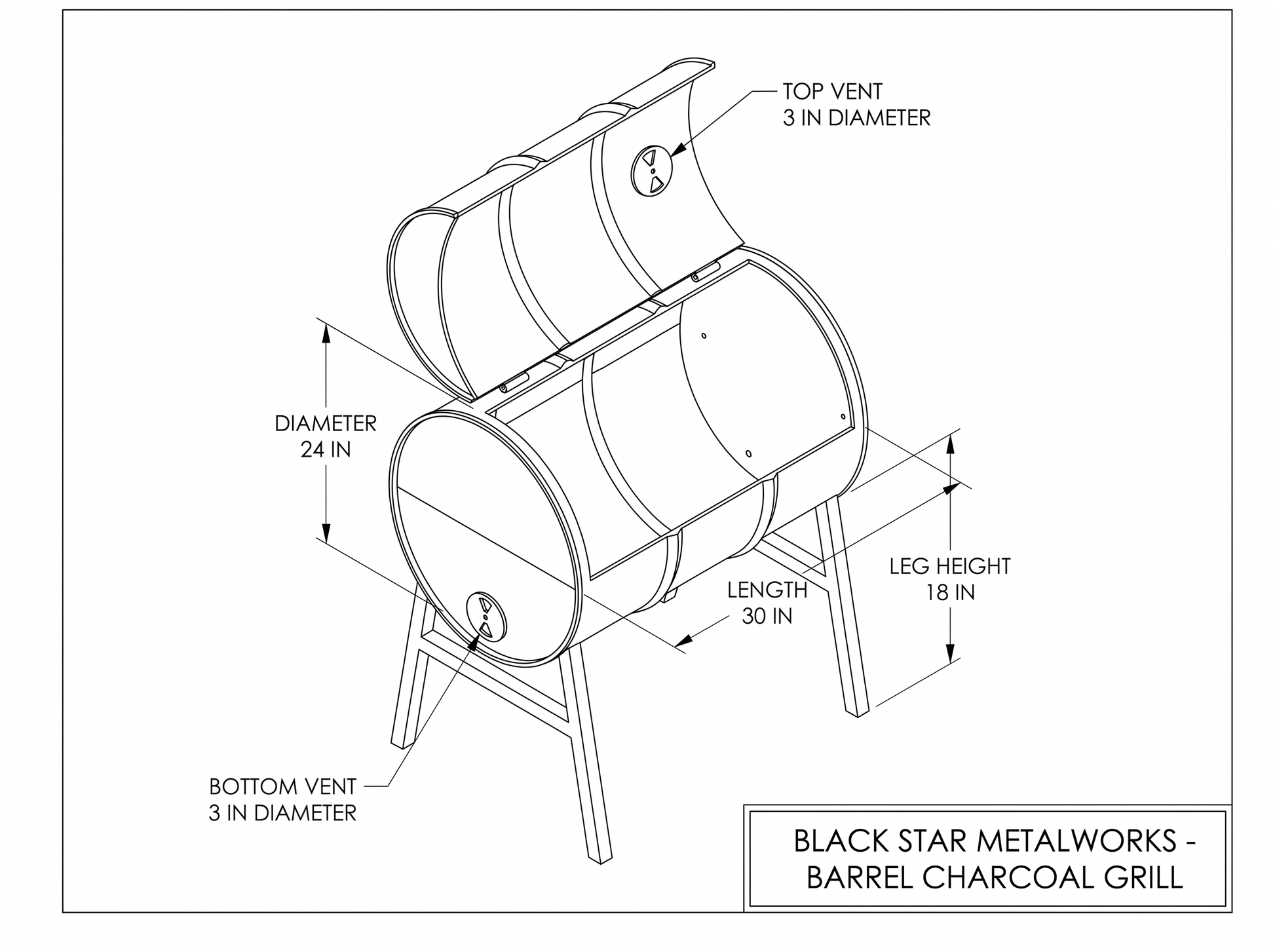 Barrel charcoal grill CAD blueprint with dimensions