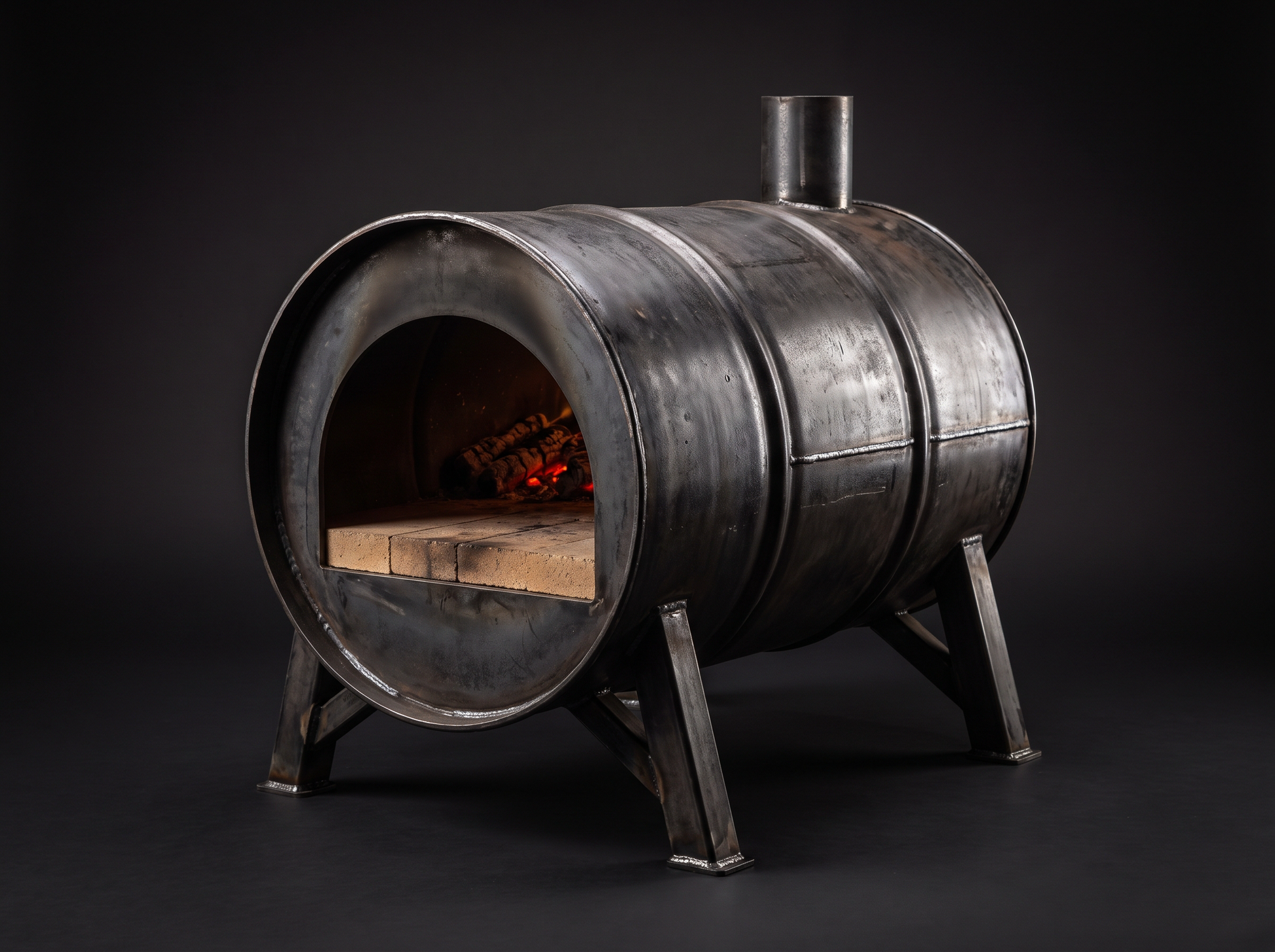 Barrel-style wood-fired pizza oven