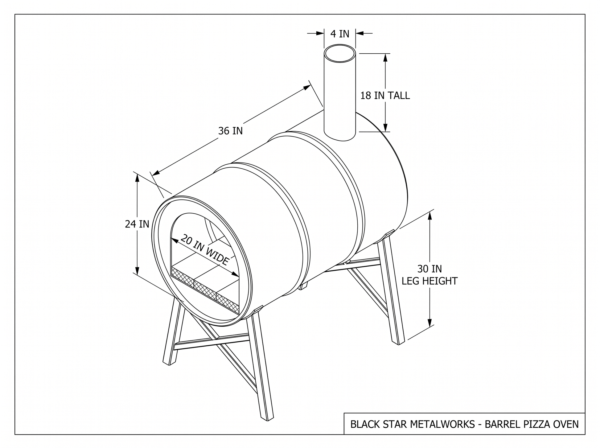Barrel pizza oven CAD blueprint with dimensions