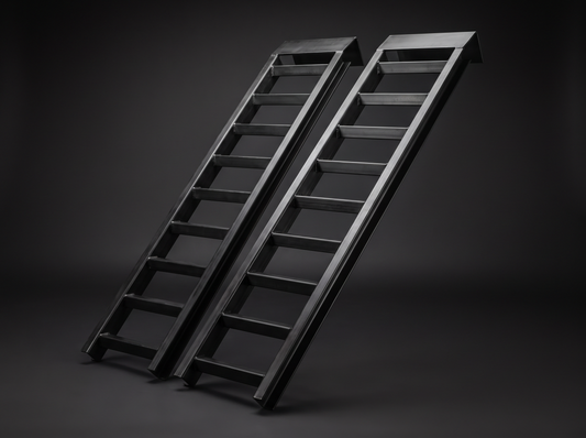 Custom heavy-duty steel loading ramps with flat bent angle-iron lip