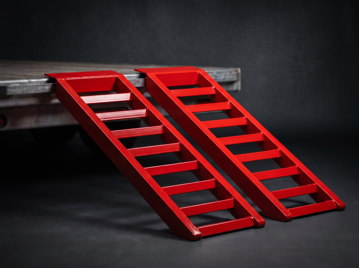 Red powder-coated angle-iron open ladder-rung loading ramps