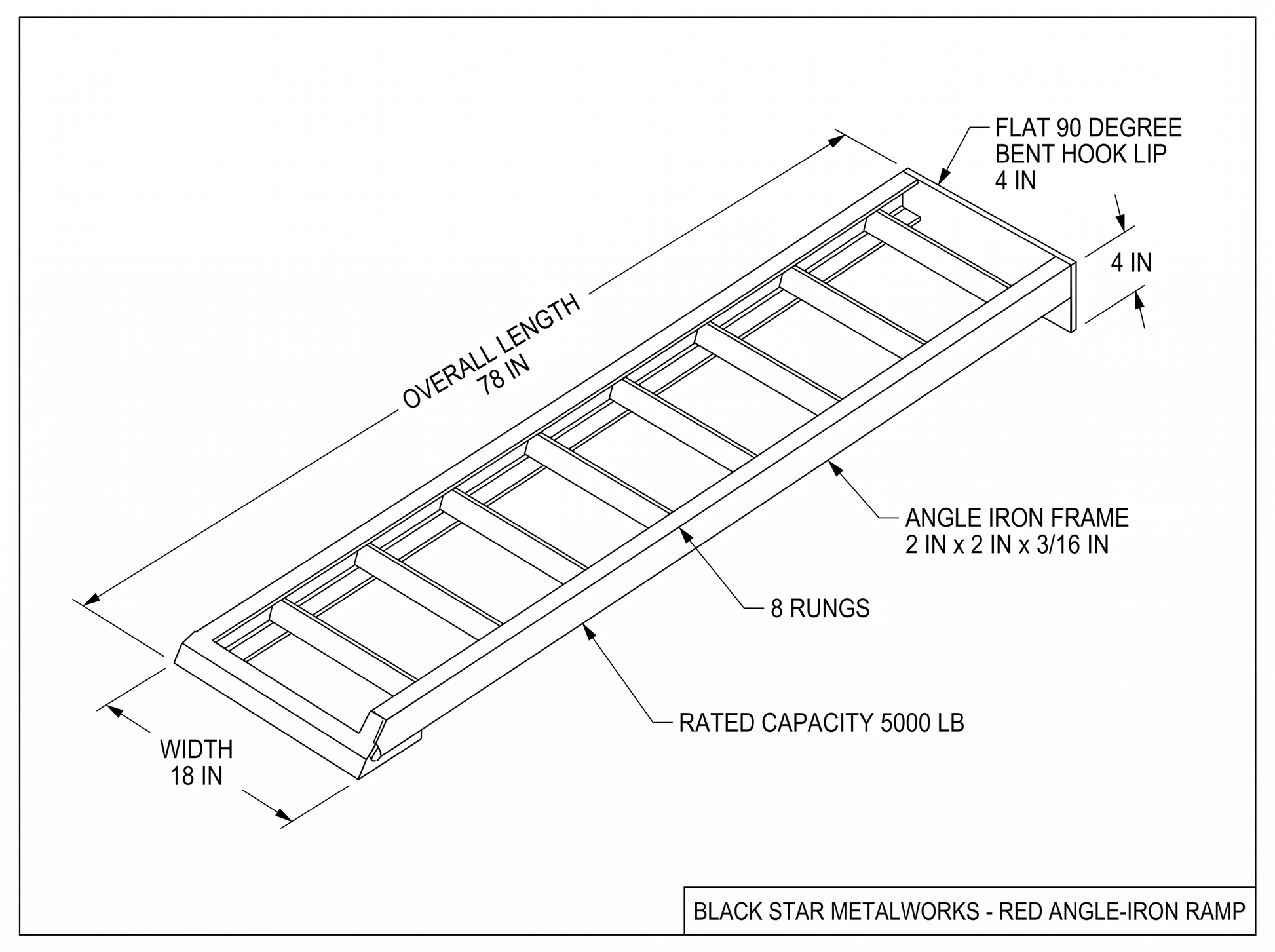 Red angle-iron loading ramp CAD blueprint with dimensions