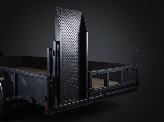 Push mower loading ramp and tie-down rack on a landscape trailer