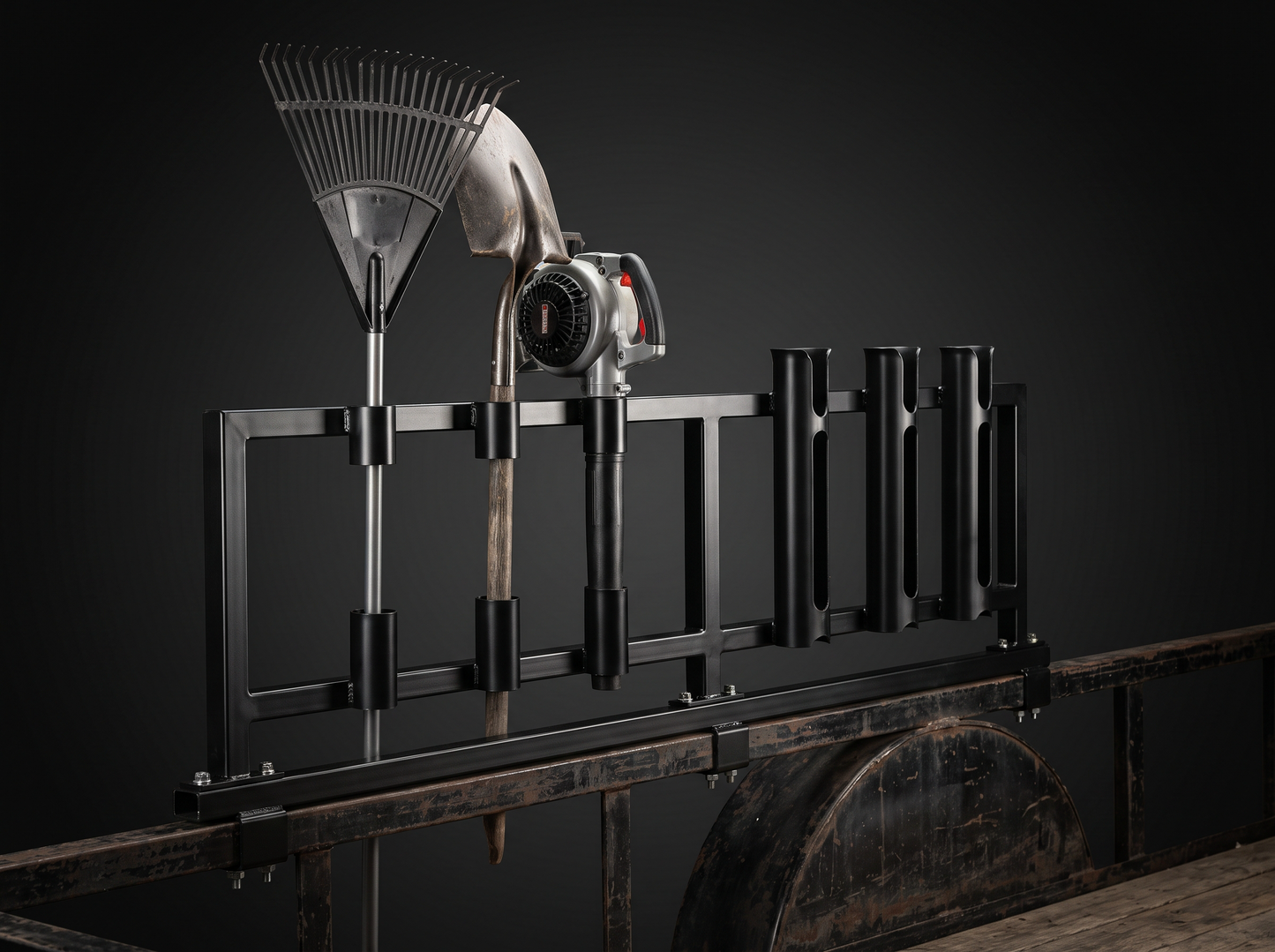 Landscape trailer tool rack combo with rake, shovel, and trimmer holders