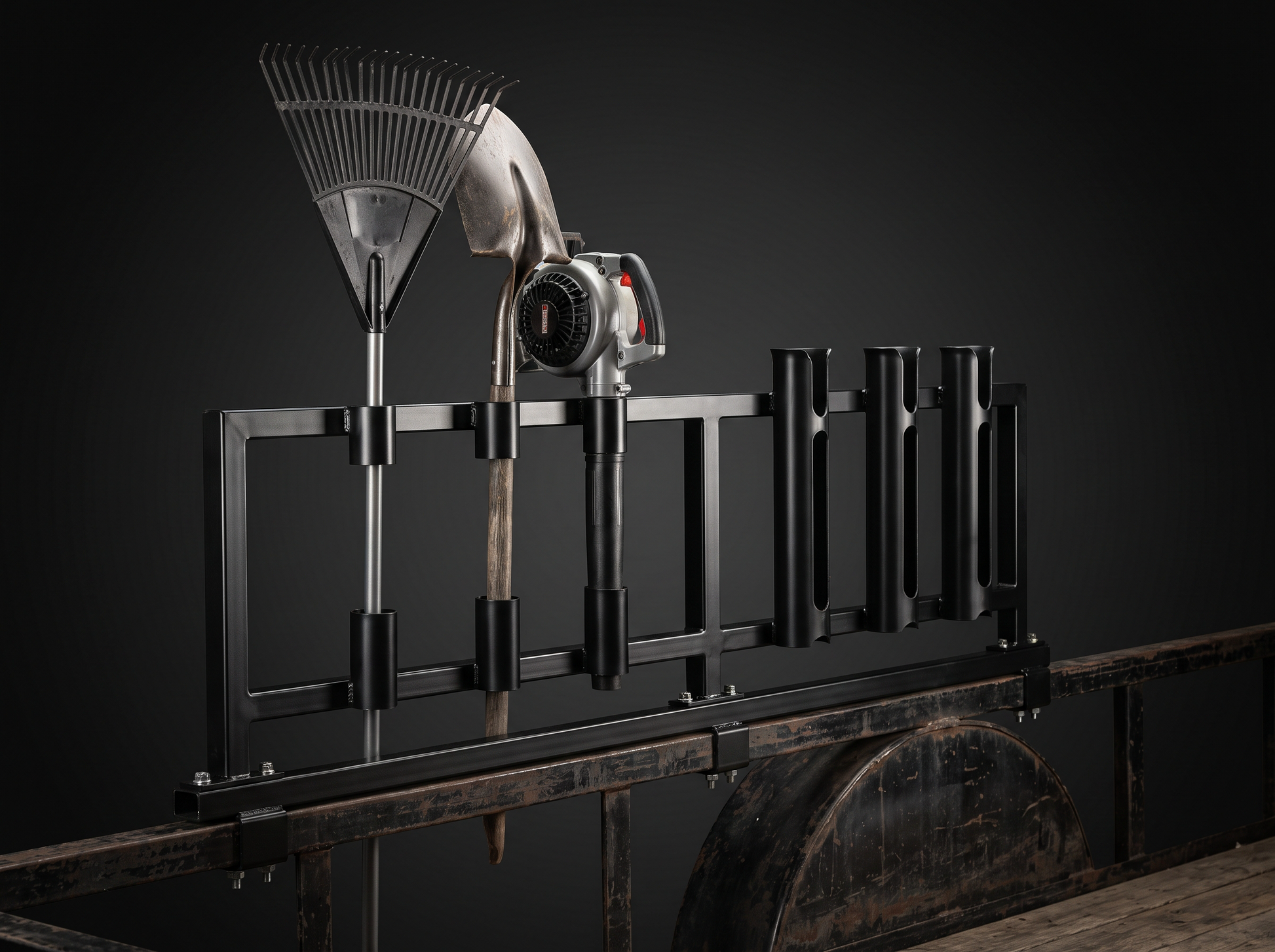 Landscape trailer tool rack combo with rake, shovel, and trimmer holders