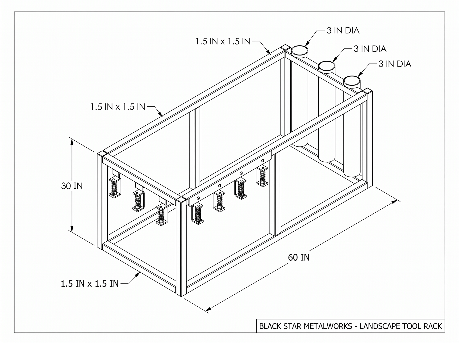 Landscape tool rack combo CAD blueprint with dimensions